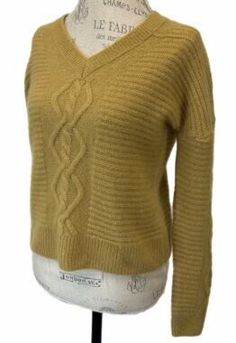 Kokun Cashmere Silk Sweater Cable Knit V-Neck Long Sleeve Mustard Size XS